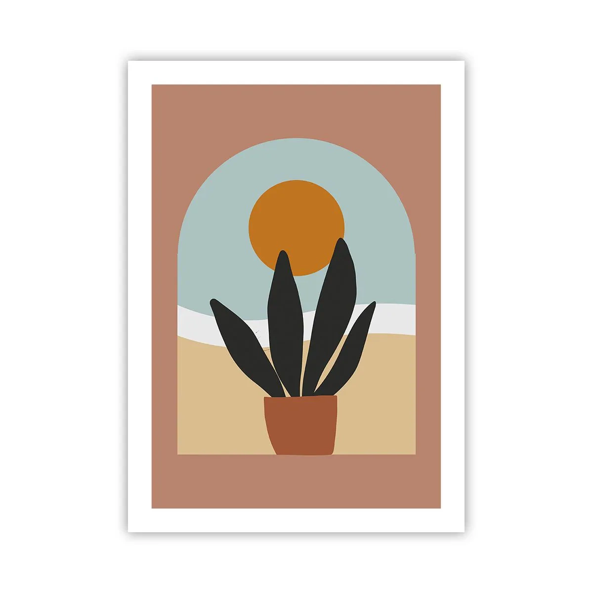 Plakat - Roślina w doniczce na tle łuku z zachodem słońca - 50x70cm - Drobne radości - Nowoczesna dekoracja ścienna do salonu, kuchni i sypialni ARTTOR