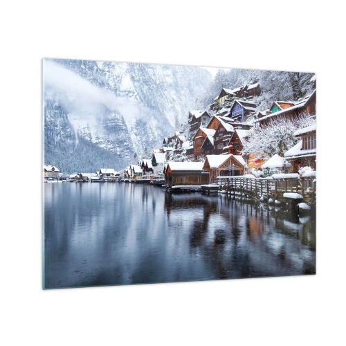 Obraz na szkle - Górska wioska nad jeziorem otulona śniegiem w zimowym pejzażu - 70x50cm - W zimowej dekoracji - Nowoczesna dekoracja ścienna do salonu i sypialni ARTTOR