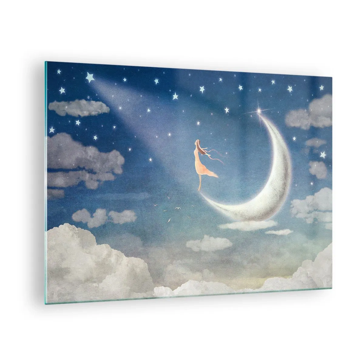 Obraz na szkle - Kobieta w zwiewnej sukni stojąca na księżycu w rozgwieżdżonym niebie - 70x50cm - Zalotnica niebieska - Nowoczesna dekoracja ścienna do salonu i sypialni ARTTOR