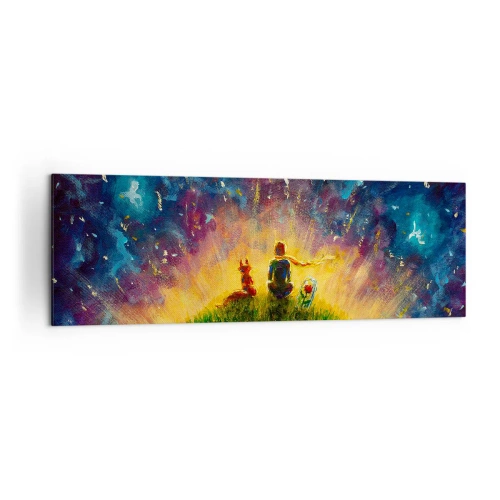 Obraz na płótnie - Postacie na zielonym wzgórzu otoczone gwiaździstym niebem - 160x50cm - Miłość i przyjaźń - cały świat - Nowoczesna dekoracja ścienna do salonu i sypialni ARTTOR