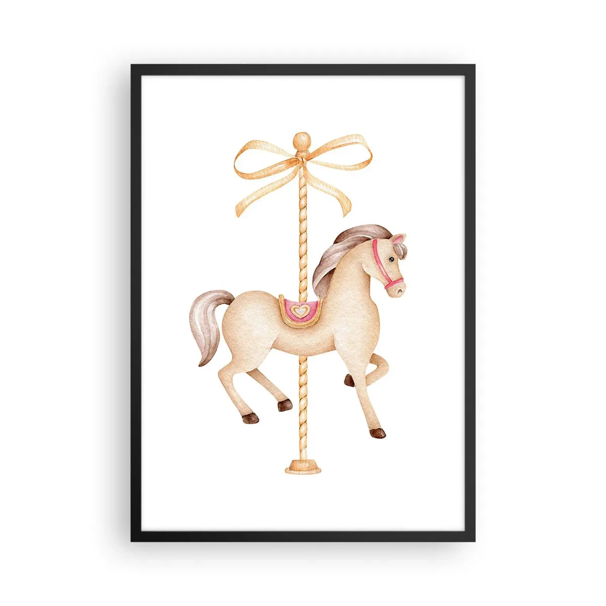 Plakat w czarnej ramie - Delikatna ilustracja konika karuzelowego w pastelach - 50x70cm - Wdzięcznym kłusem - Nowoczesna dekoracja ścienna do salonu i sypialni ARTTOR
