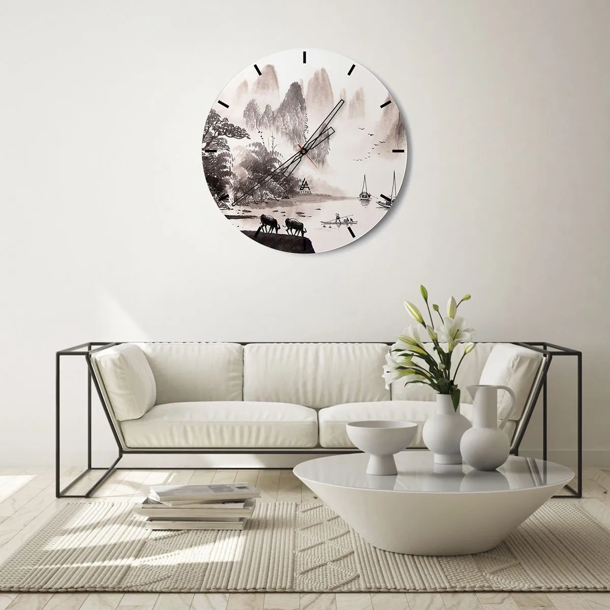 Zegar ścienny - Malowniczy krajobraz z wodą, górami i łodziami w czerni i bieli - 30x30cm - Egzotyczna codzienność Wschodu - Nowoczesna dekoracja ścienna do salonu, kuchni i sypialni ARTTOR