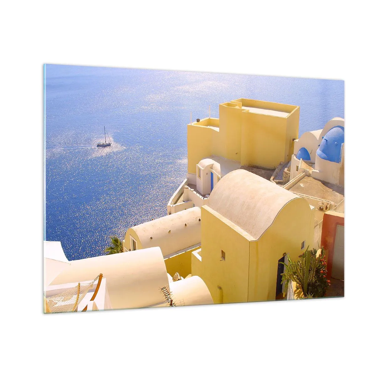 Obraz na szkle - Widok na Santorini z błękitnym morzem i białymi budynkami - 100x70cm - Grecki pejzaż w bieli i błękicie - Nowoczesna dekoracja ścienna do salonu, kuchni i sypialni ARTTOR