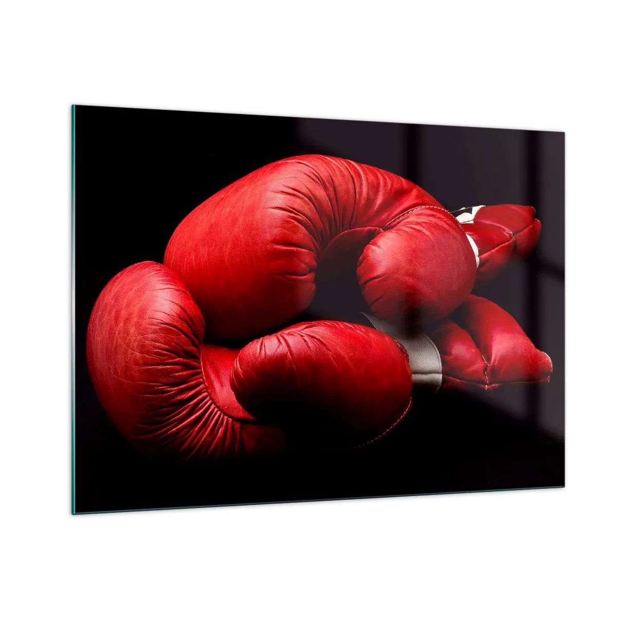 Obraz na szkle - Czerwone rękawice bokserskie na czarnym tle - 100x70cm - Emocje walki za nami - Nowoczesna dekoracja ścienna do salonu, kuchni i sypialni ARTTOR