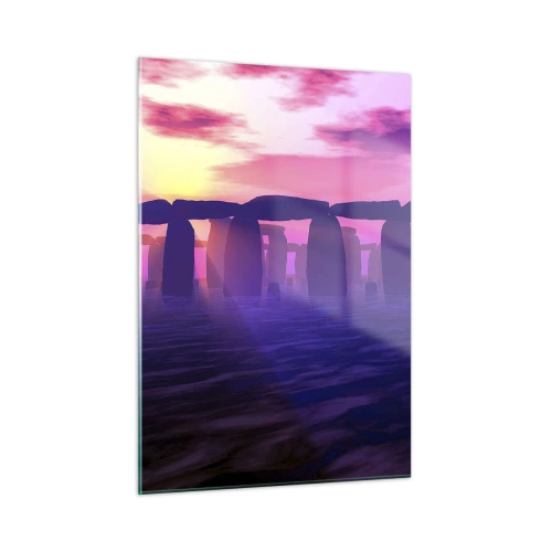 Obraz na szkle - Stonehenge w świetle różowego zachodu słońca - 50x70cm - Tajemnica o świcie we mgle - Nowoczesna dekoracja ścienna do salonu, kuchni i sypialni ARTTOR