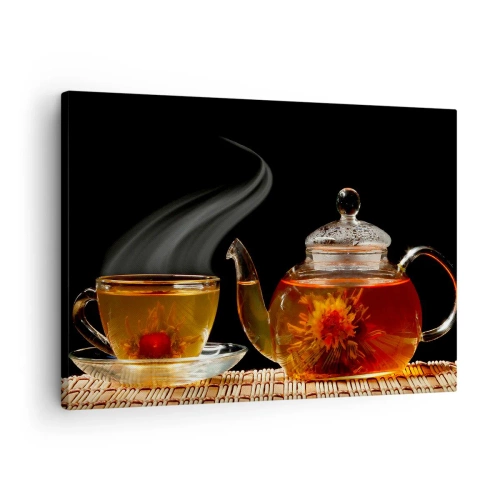 Obraz na płótnie - Szklany czajnik z herbatą kwiatową i filiżanka - 70x50cm - Magia i sztuka parzenia herbaty - Nowoczesna dekoracja ścienna do salonu i sypialni ARTTOR