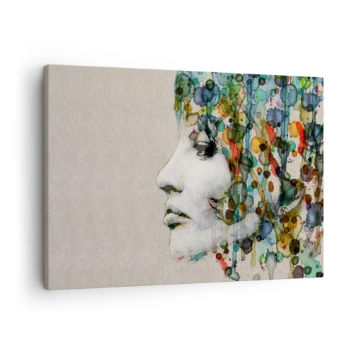 Obraz na płótnie - Profil kobiety w akwarelowych barwach z abstrakcyjnym tłem - 70x50cm - Wyłoniła się z szarości - Nowoczesna dekoracja ścienna do salonu i sypialni ARTTOR