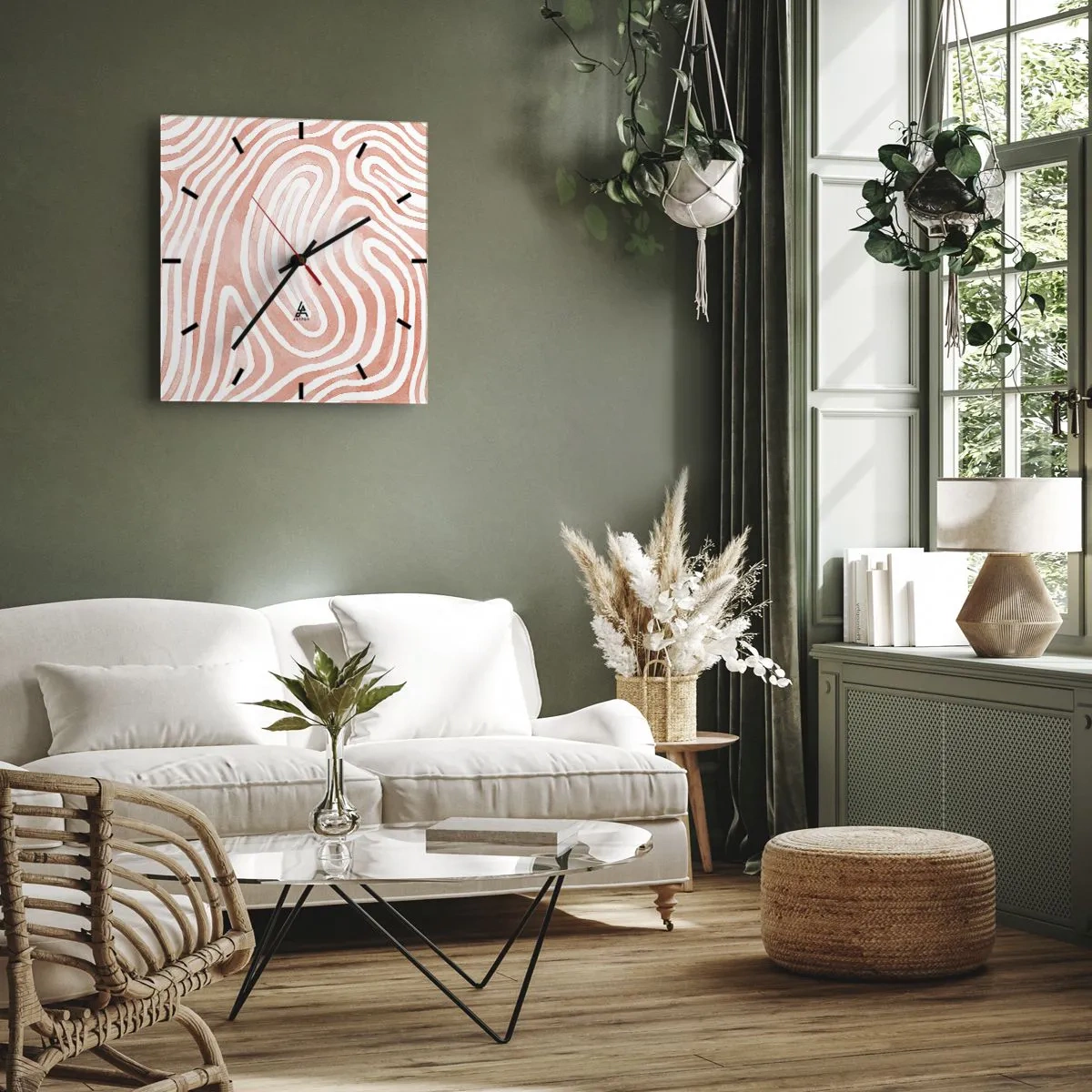 Zegar ścienny - Abstrakcyjny wzór w odcieniach różu i bieli - 30x30cm - W koralowym labiryncie - Nowoczesna dekoracja ścienna do salonu i sypialni ARTTOR