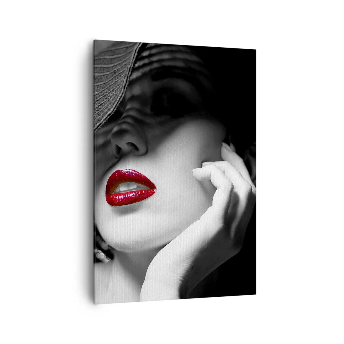 Obraz na płótnie - Czarno-biały portret kobiety z czerwonymi ustami - 70x100cm - Studium w szkarłacie - Nowoczesna dekoracja ścienna do salonu i sypialni ARTTOR