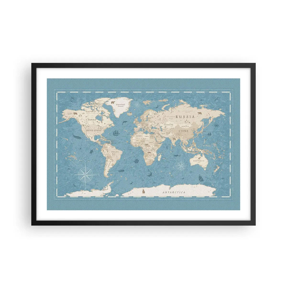 Plakat w czarnej ramie - Dekoracyjna mapa świata w odcieniach niebieskiego i beżu - 70x50cm - Świat w zasięgu ręki - Nowoczesna dekoracja ścienna do salonu i sypialni ARTTOR