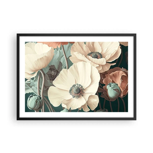 Plakat w czarnej ramie - Eleganckie kwiaty w pastelowych odcieniach na zielonym tle - 70x50cm - Szept maków - Nowoczesna dekoracja ścienna do salonu i sypialni ARTTOR