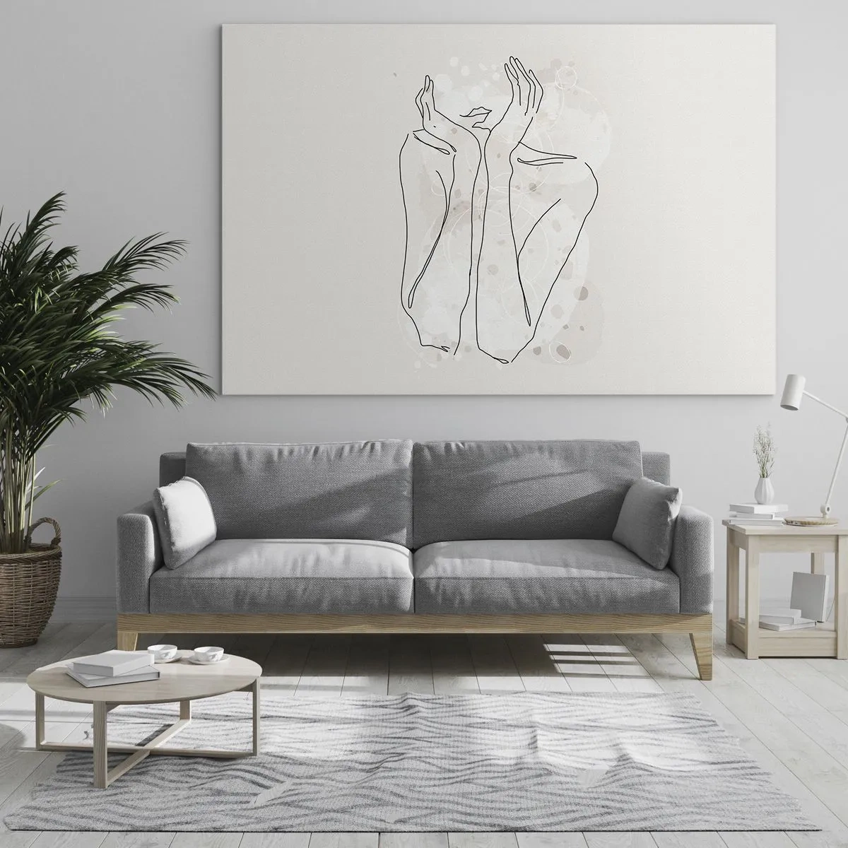 Obraz na szkle - Minimalistyczny szkic kobiecych dłoni i ust na tle beżu - 70x50cm - Rozmarzona chwila - Nowoczesna dekoracja ścienna do salonu i sypialni ARTTOR