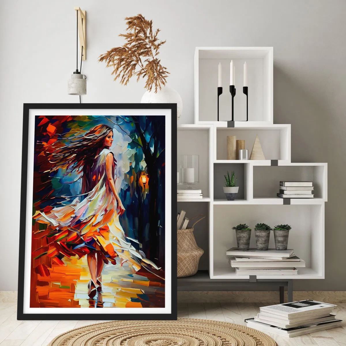 Plakat w czarnej ramie - Kobieta w tańcu wśród barwnych jesiennych liści - 50x70cm - Jesienna dziewczyna - Nowoczesna dekoracja ścienna do salonu i sypialni ARTTOR
