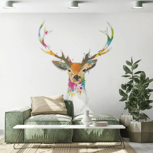 Fototapeta Standard Eco - Kolorowa abstrakcyjna głowa jelenia na białym tle - 100x70cm - Łagodny jelonek skąpany w kolorze - Nowoczesna dekoracja ścienna do salonu i sypialni ARTTOR