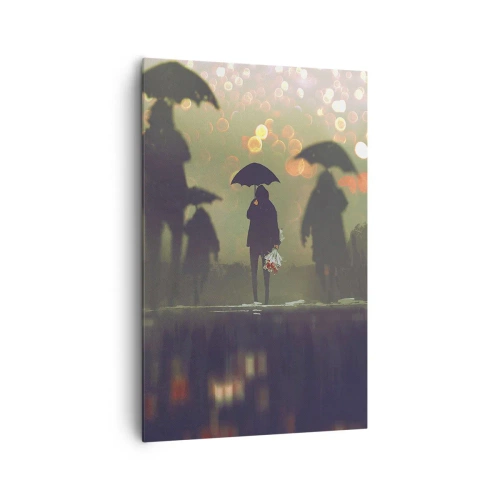 Obraz na płótnie - Postać z parasolem w deszczowy wieczór wśród świateł miasta - 80x120cm - Z perspektywy kropli deszczu - Nowoczesna dekoracja ścienna do salonu i sypialni ARTTOR