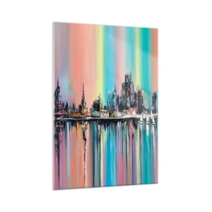 Obraz na szkle - Abstrakcyjna panorama miasta z wielobarwnym tłem - 50x70cm - Spłynąć światłem nocy - Nowoczesna dekoracja ścienna do salonu, kuchni i sypialni ARTTOR