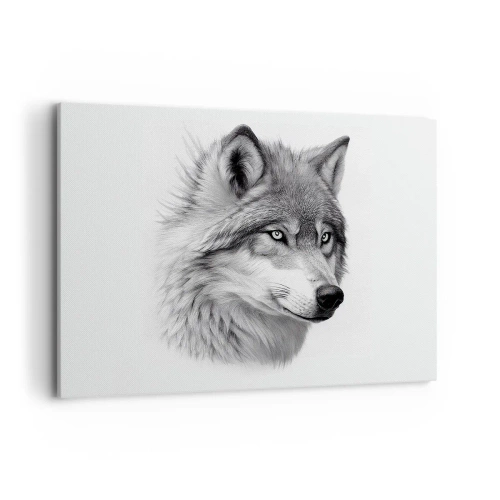 Obraz na płótnie - Realistyczny portret wilka w odcieniach szarości - 100x70cm - Alfa – bez wątpienia - Nowoczesna dekoracja ścienna do salonu, kuchni i sypialni ARTTOR