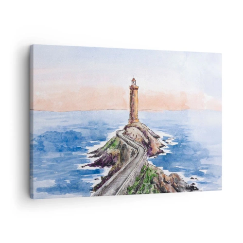 Obraz na płótnie - Latarnia morska na skalistym brzegu - 70x50cm - Zwrócona ku morzu - Nowoczesna dekoracja ścienna do salonu i sypialni ARTTOR
