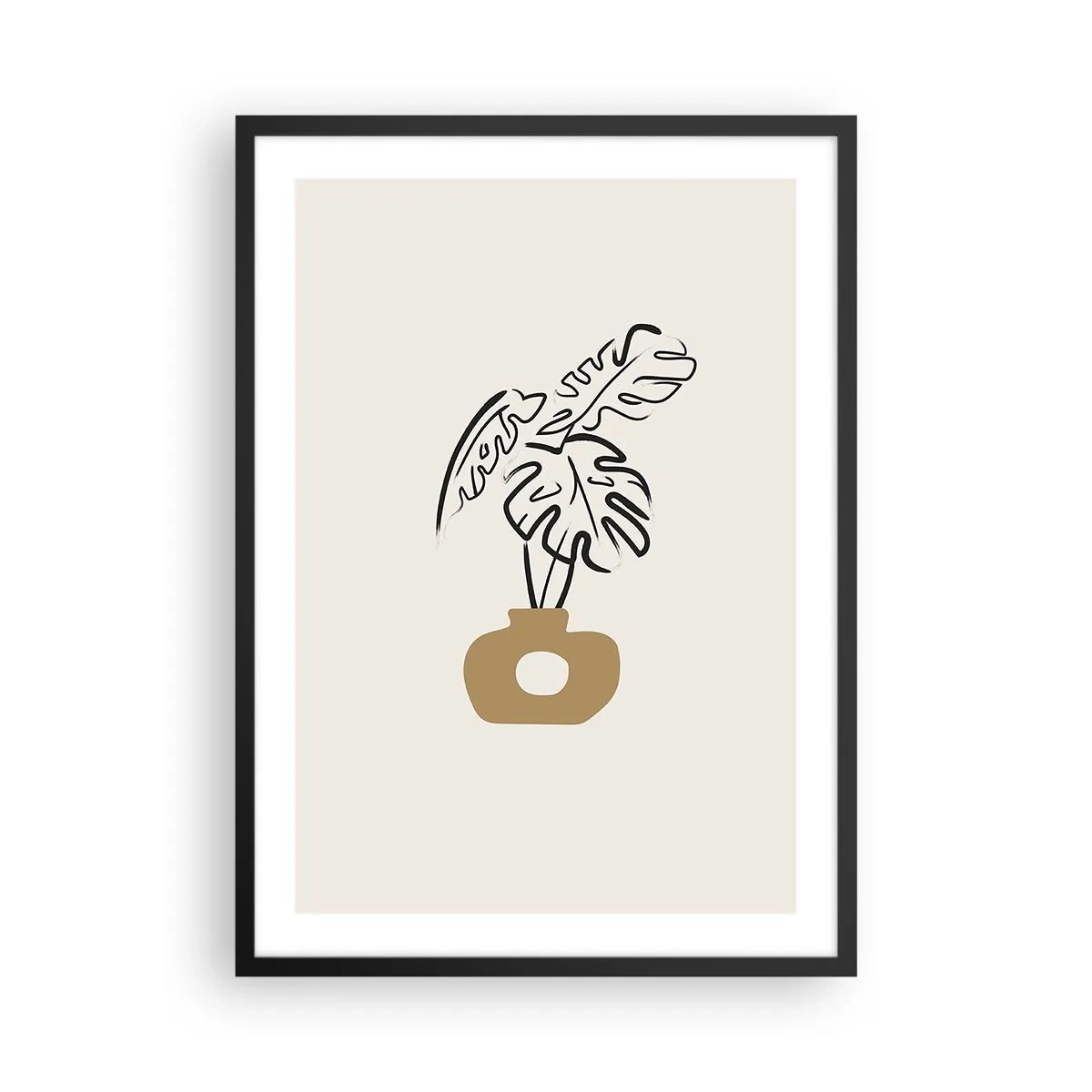 Plakat w czarnej ramie - Minimalistyczny rysunek monstery w wazonie - 50x70cm - Monstera – ozdoba domu - Nowoczesna dekoracja ścienna do salonu i sypialni ARTTOR