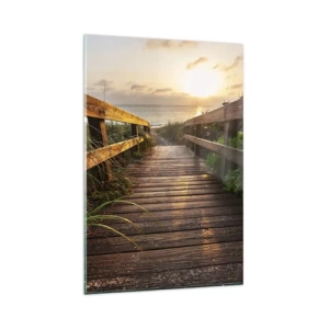 Obraz na szkle - Drewniany pomost prowadzący na plażę o zachodzie słońca - 80x120cm - I wprost nad brzeg - Nowoczesna dekoracja ścienna do salonu i sypialni ARTTOR