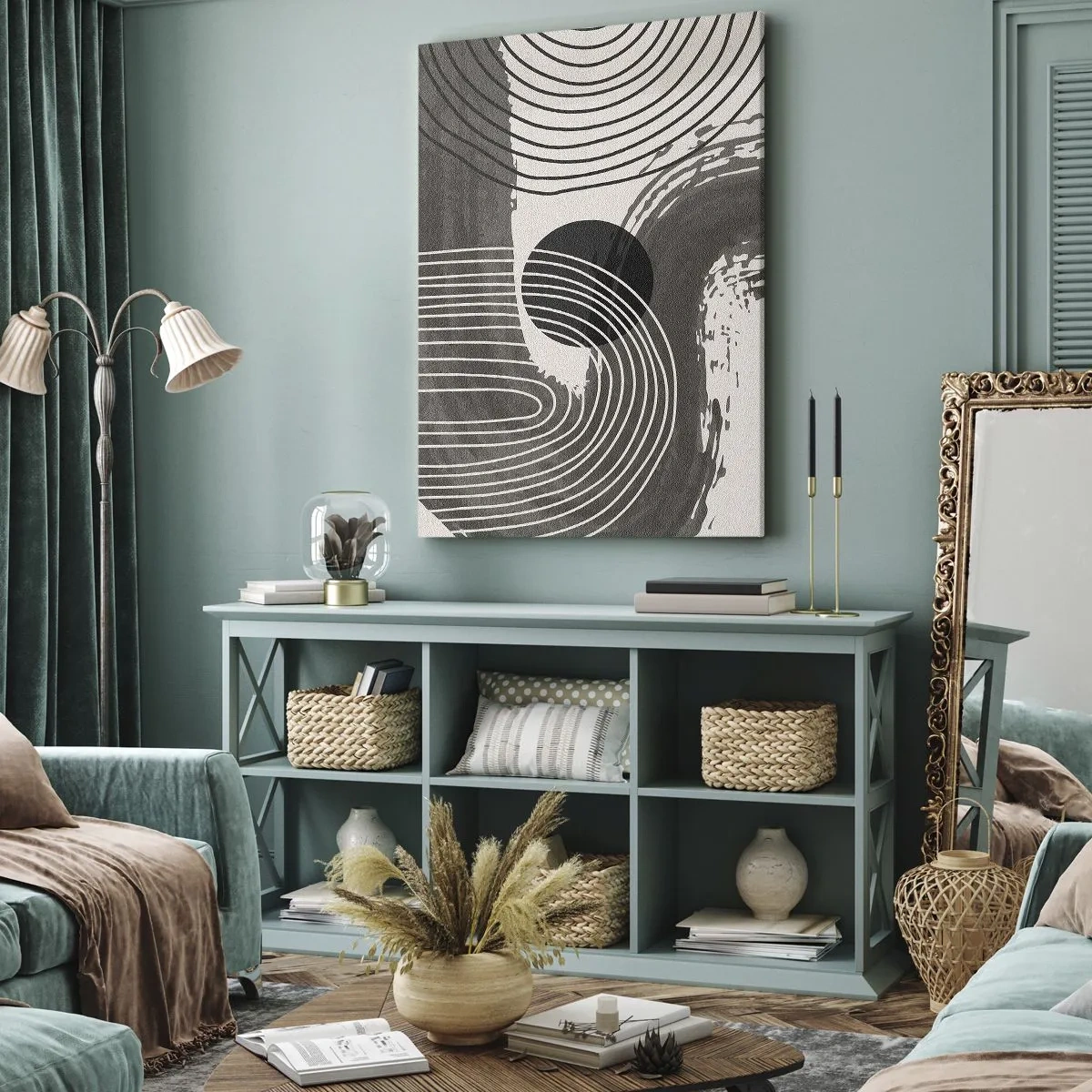 Obraz na płótnie - Geometryczne linie i owale w monochromatycznych odcieniach - 70x100cm - Owal zwycięża - Nowoczesna dekoracja ścienna do salonu i sypialni ARTTOR