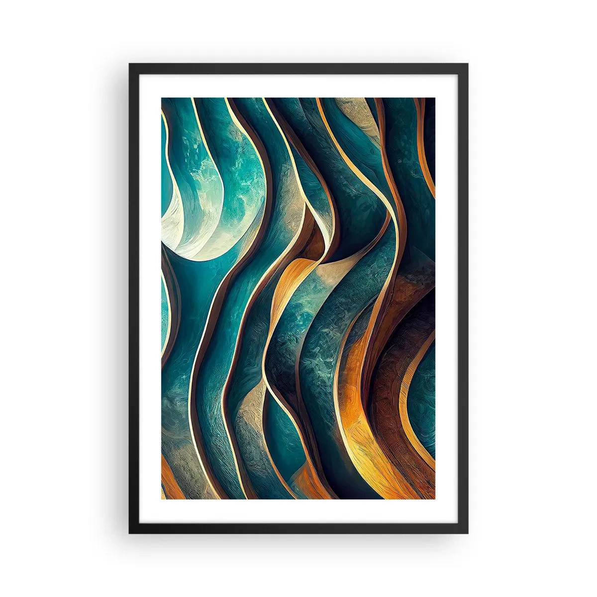 Plakat w czarnej ramie - Abstrakcyjna kompozycja falistych kształtów w odcieniach turkusu - 50x70cm - Meandry błękitu - Nowoczesna dekoracja ścienna do salonu i sypialni ARTTOR