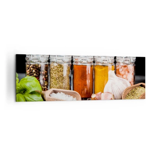 Obraz na płótnie - Zioła i przyprawy w szklanych słoikach na ciemnym tle - 160x50cm - Żeby życie miało smak - Nowoczesna dekoracja ścienna do salonu i sypialni ARTTOR
