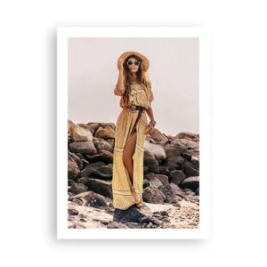 Plakat - Stylowa kobieta w boho sukience na tle skał - 50x70cm - Magia kamieni - Nowoczesna dekoracja ścienna do salonu, kuchni i sypialni ARTTOR