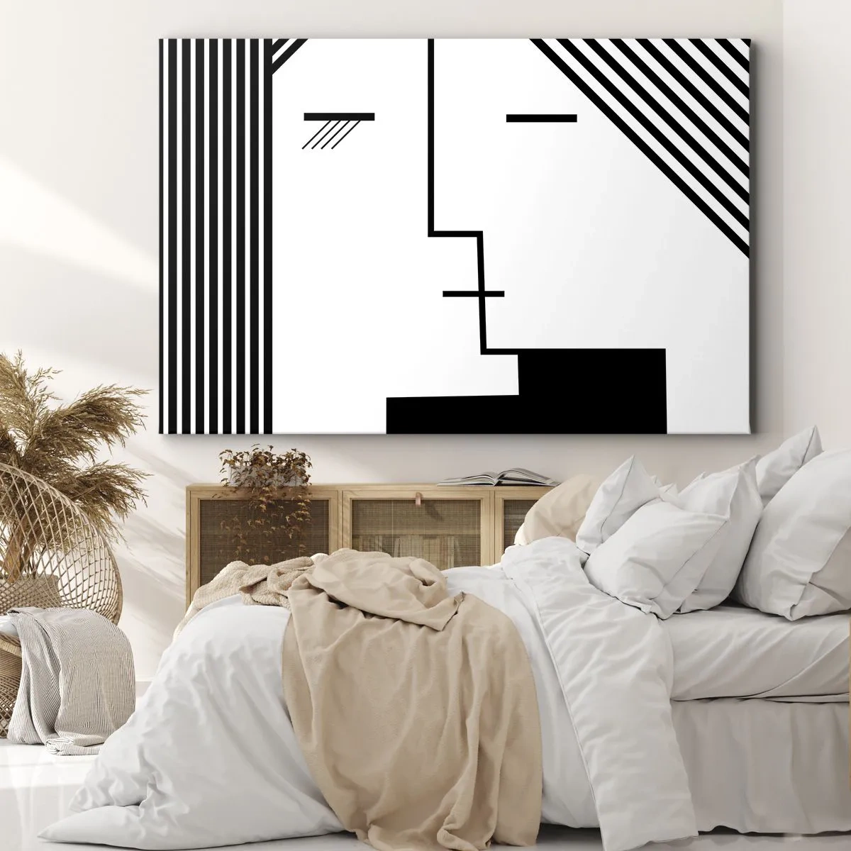 Obraz na płótnie - Geometryczna abstrakcja przedstawiająca pocałunek w czerni i bieli - 70x50cm - Po prostu pocałunek - Nowoczesna dekoracja ścienna do salonu i sypialni ARTTOR