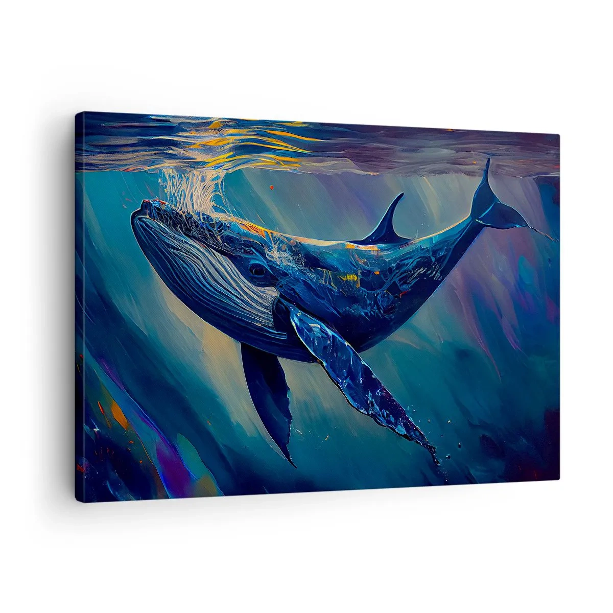 Obraz na płótnie - Wieloryb w głębinach oceanu w świetlistych barwach - 70x50cm - Witaj w moim świecie - Nowoczesna dekoracja ścienna do salonu i sypialni ARTTOR