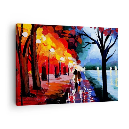 Obraz na płótnie - Jesienny spacer alejką z widokiem na wodę - 70x50cm - Płomienna jesień w parku - Nowoczesna dekoracja ścienna do salonu i sypialni ARTTOR