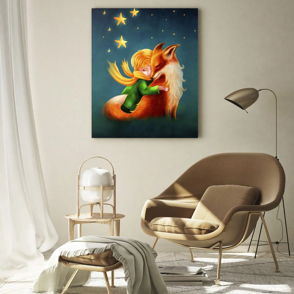 Obraz na szkle - Mały Książę przytulający lisa pod rozgwieżdżonym niebem - 50x70cm - Mały Książę - Nowoczesna dekoracja ścienna do salonu, kuchni i sypialni ARTTOR