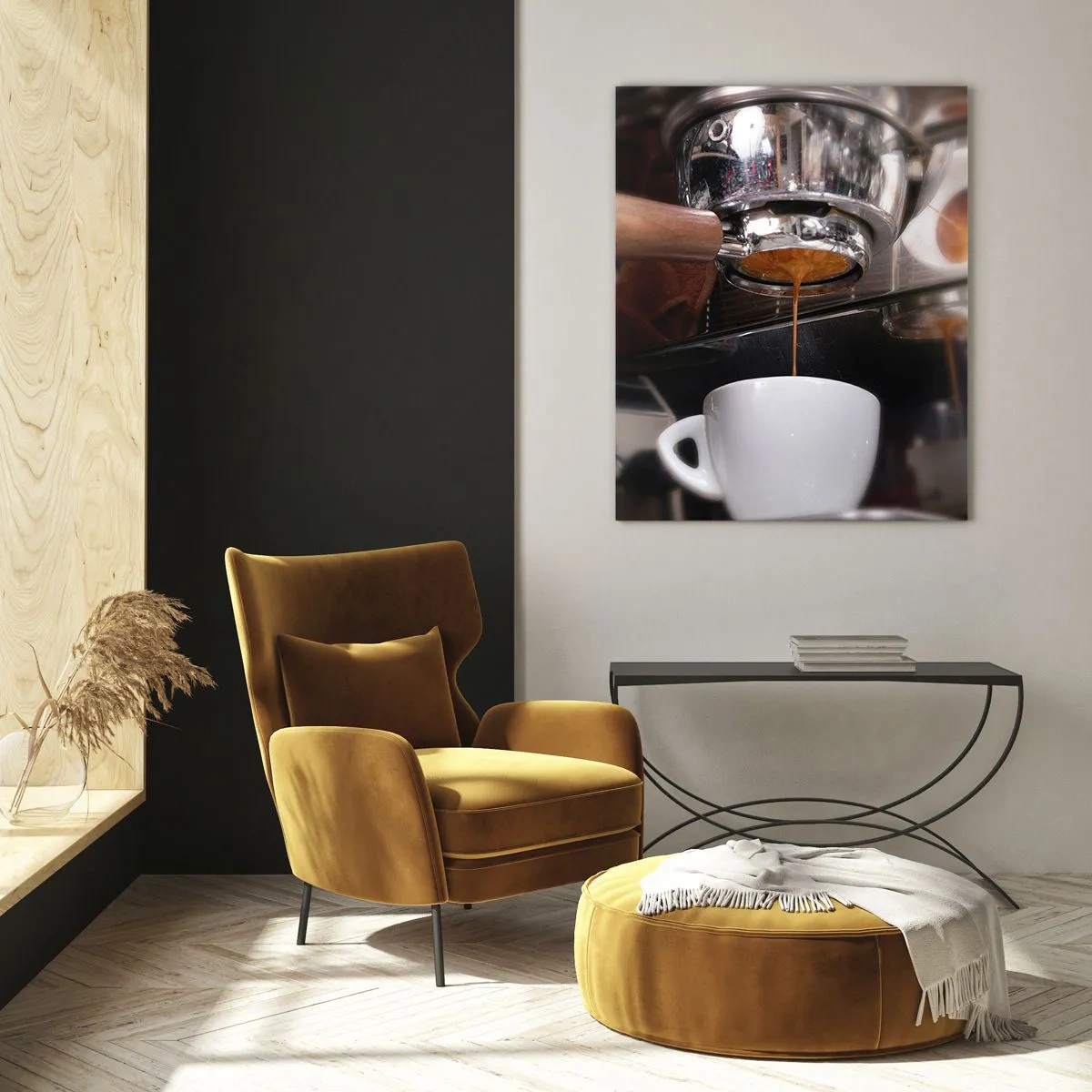 Obraz na szkle - Zbliżenie na filiżankę z kawą nalewaną z ekspresu ciśnieniowego - 50x70cm - Dobra chwila dnia - Nowoczesna dekoracja ścienna do salonu, kuchni i sypialni ARTTOR
