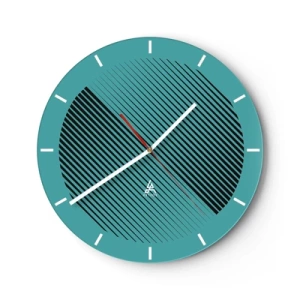 Zegar ścienny - Turkusowe tło z czarnymi ukośnymi liniami w geometrycznym układzie - 30x30cm - Koło – geometryczna wariacja - Nowoczesna dekoracja ścienna do salonu, kuchni i sypialni ARTTOR