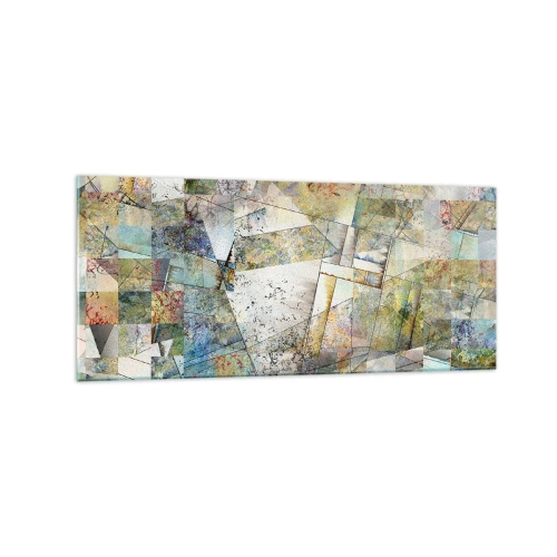 Obraz na szkle - Kolorowa abstrakcja z geometrycznymi kształtami i liniami - 120x50cm - Geometryczne przetasowanie - Nowoczesna dekoracja ścienna do salonu i sypialni ARTTOR