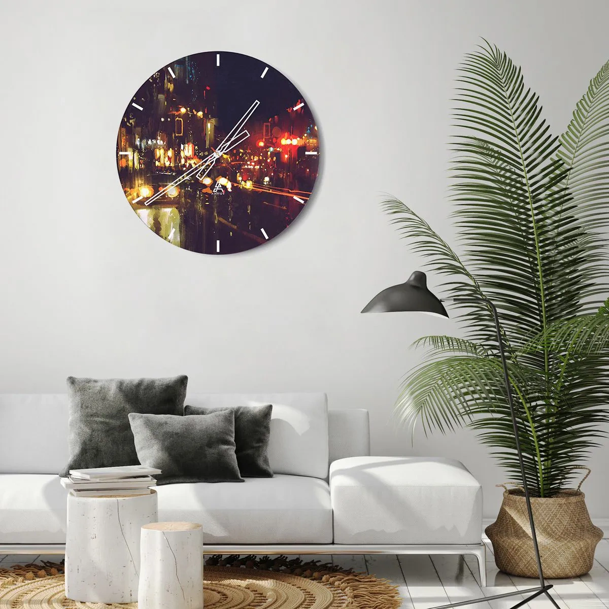 Zegar ścienny - Miejska nocna sceneria z kolorowymi światłami i ulicą - 30x30cm - Zatopiona w światłach nocy - Nowoczesna dekoracja ścienna do salonu, kuchni i sypialni ARTTOR