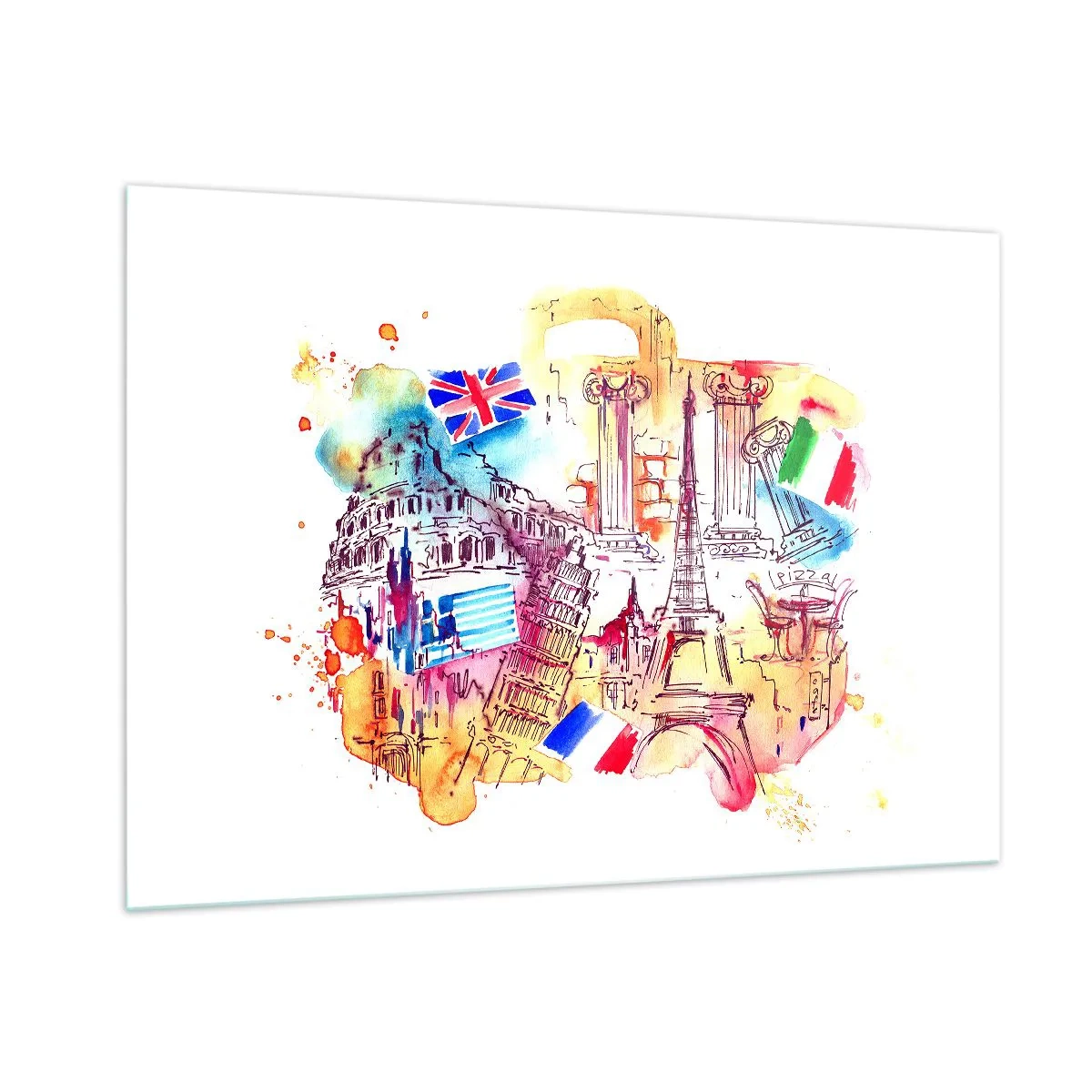 Obraz na szkle - Akwarela zabytków Europy z flagami krajów - 100x70cm - Europejskie tourne - Nowoczesna dekoracja ścienna do salonu, kuchni i sypialni ARTTOR