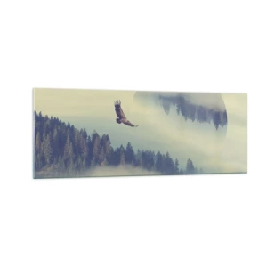 Obraz na szkle - Orzeł w locie na tle mglistych gór z artystycznym motywem koła - 140x50cm - Widziałam orła cień - Nowoczesna dekoracja ścienna do salonu i sypialni ARTTOR