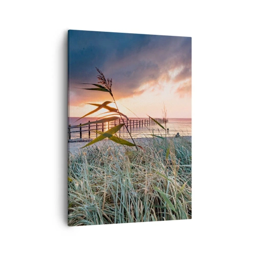 Obraz na płótnie - Widok na molo o zachodzie słońca z trawami na pierwszym planie - 50x70cm - Nie przemija z wiatrem - Nowoczesna dekoracja ścienna do salonu, kuchni i sypialni ARTTOR
