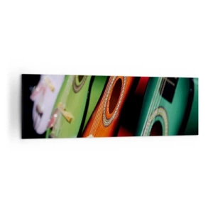 Obraz na płótnie - Kolorowe gitary w różnych odcieniach ułożone w szeregu - 160x50cm - Gitara ma wiele barw - Nowoczesna dekoracja ścienna do salonu i sypialni ARTTOR