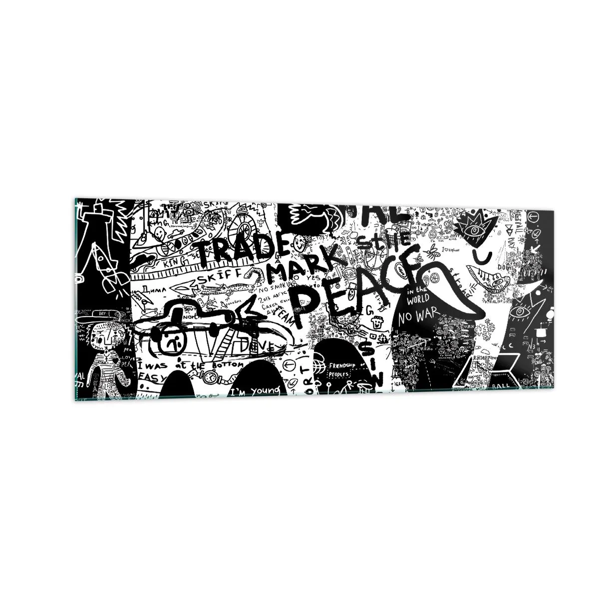 Obraz na szkle - Czarno-biała grafika z motywami graffiti - 140x50cm - Bogaty świat ulicy - Nowoczesna dekoracja ścienna do salonu i sypialni ARTTOR