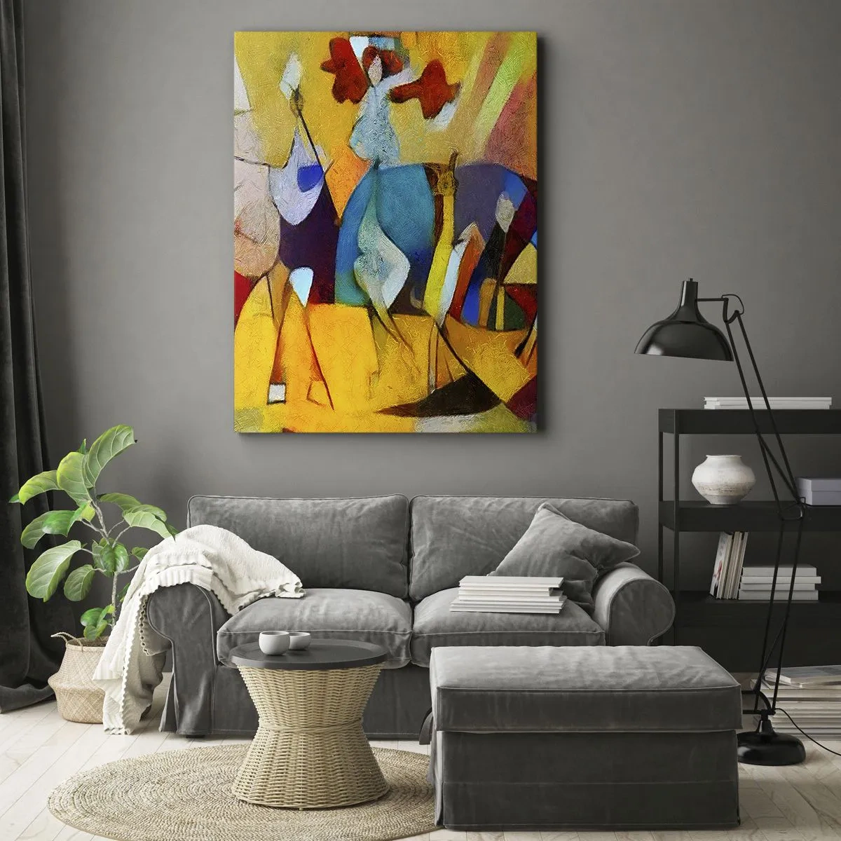 Obraz na płótnie - Kolorowa abstrakcja z postaciami i geometrycznymi kształtami - 50x70cm - Słońce - życie - radość - Nowoczesna dekoracja ścienna do salonu, kuchni i sypialni ARTTOR