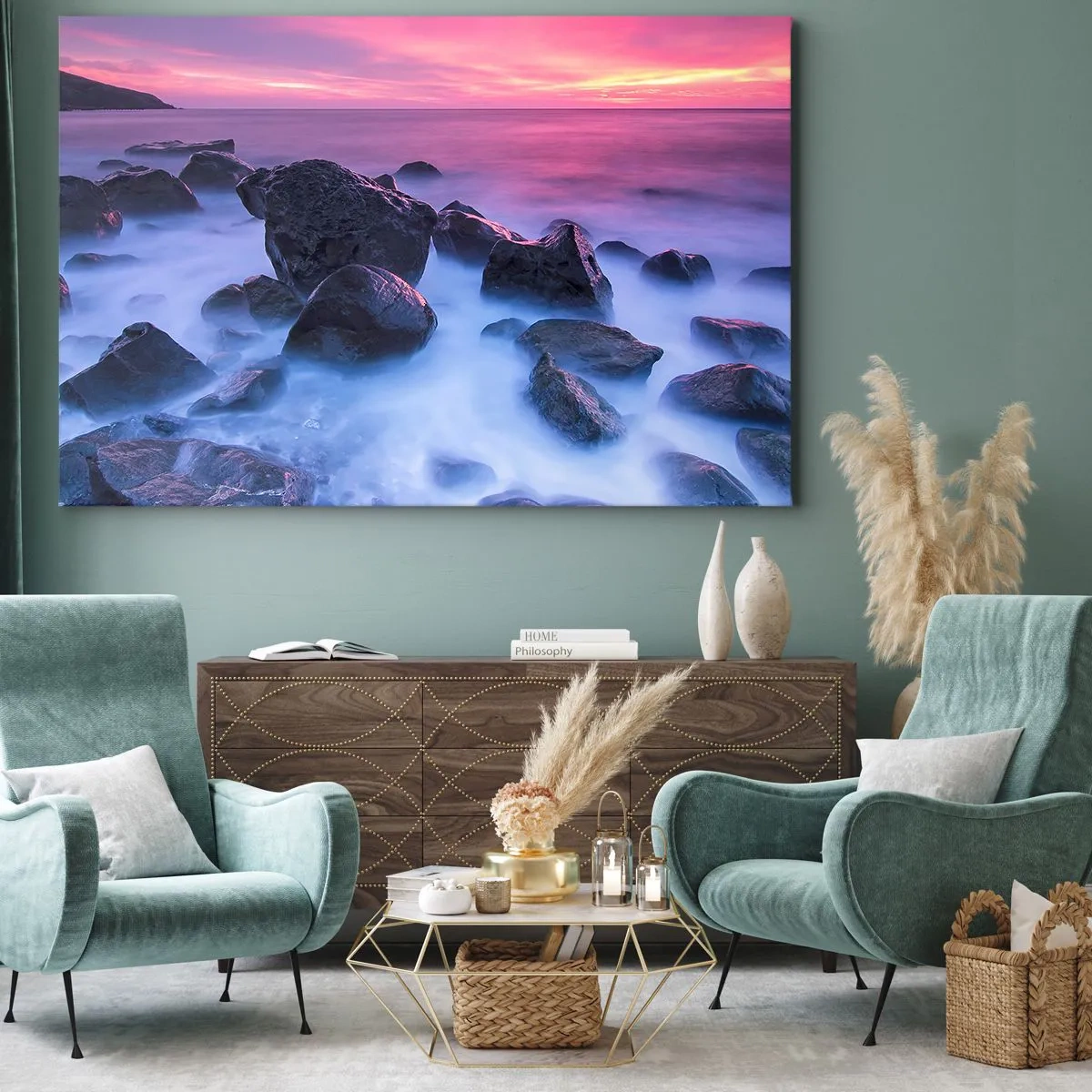Obraz na płótnie - Kamieniste wybrzeże o zachodzie słońca - 70x50cm - Narodziny w blasku i mgle - Nowoczesna dekoracja ścienna do salonu i sypialni ARTTOR