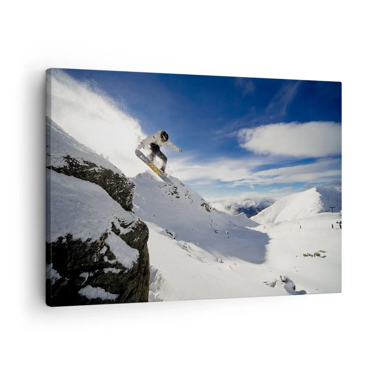 Obraz na płótnie - Snowboardzista skaczący z urwiska na tle ośnieżonych gór - 70x50cm - Wolność bez granic - Nowoczesna dekoracja ścienna do salonu i sypialni ARTTOR