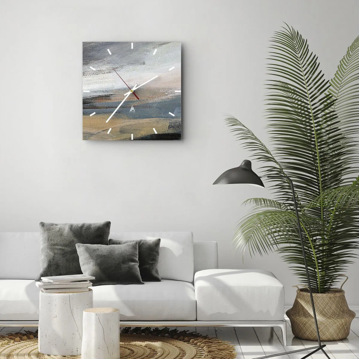 Zegar ścienny - Pejzaż abstrakcyjny w stonowanych odcieniach błękitu i beżu - 30x30cm - Abstrakcja: pejzaż północny - Nowoczesna dekoracja ścienna do salonu i sypialni ARTTOR