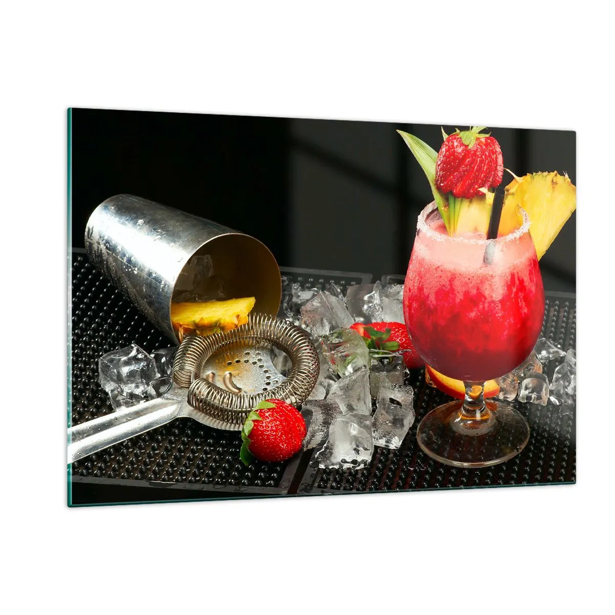 Obraz na szkle - Kolorowy drink z owocami i shakerem na lodzie - 120x80cm - Wyczarować smak - Nowoczesna dekoracja ścienna do salonu, kuchni i sypialni ARTTOR