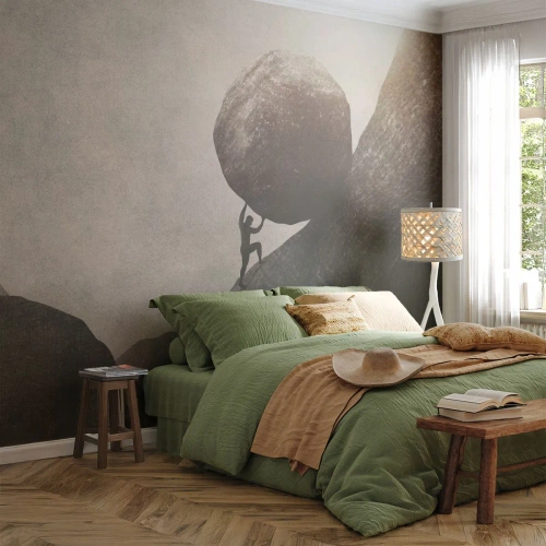Fototapeta Premium Canvas - Człowiek wspinający się z ogromnym głazem pod górę - 100x70cm - Wierzę wbrew nadziei - Nowoczesna dekoracja ścienna do salonu i sypialni ARTTOR