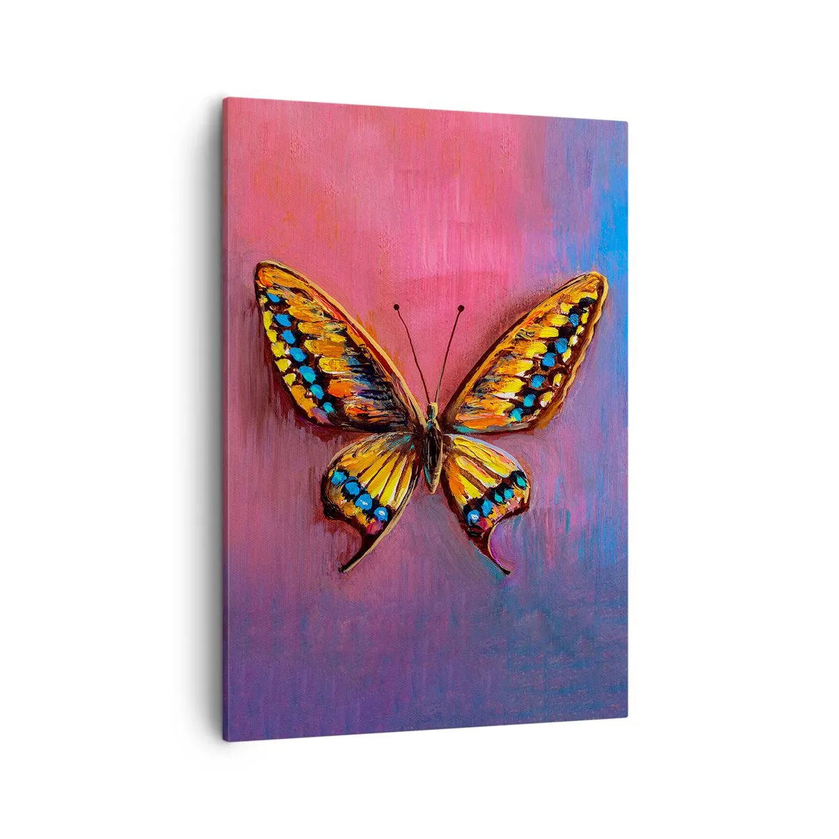 Obraz na płótnie - Kolorowy motyl na tle gradientu różu i fioletu - 50x70cm - Klejnot natury - Nowoczesna dekoracja ścienna do salonu, kuchni i sypialni ARTTOR