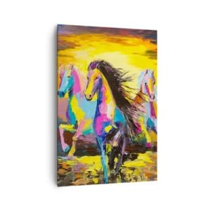 Obraz na płótnie - Kolorowe konie galopujące na tle zachodzącego słońca - 70x100cm - Zanurzone w tęczy - Nowoczesna dekoracja ścienna do salonu i sypialni ARTTOR