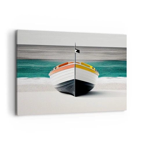 Obraz na płótnie - Łódź na plaży z turkusowym morzem w tle - 120x80cm - Na swoim miejscu - Nowoczesna dekoracja ścienna do salonu, kuchni i sypialni ARTTOR